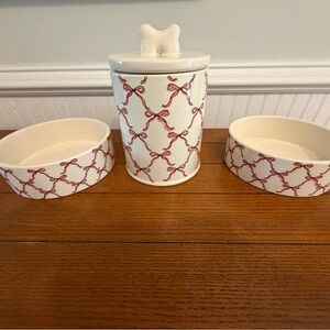 belk White Ceramic Dog Bowls and Treat Canister with Red Bow Pattern